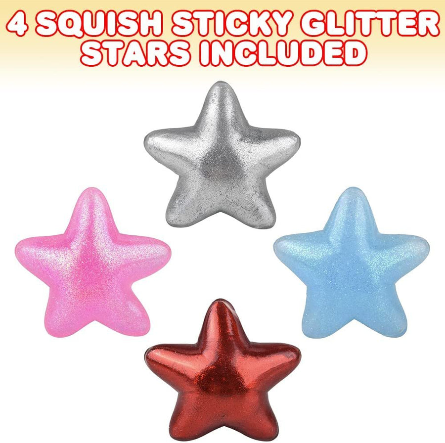 Squeezy Sticky Glitter Stars, Set of 4, Stress Relief Fidget Toys for Kids, Anxiety Relief Toys in Assorted Vibrant Colors, Fidget Party Favors, Pinata Stuffers, and Goodie Bag Fillers