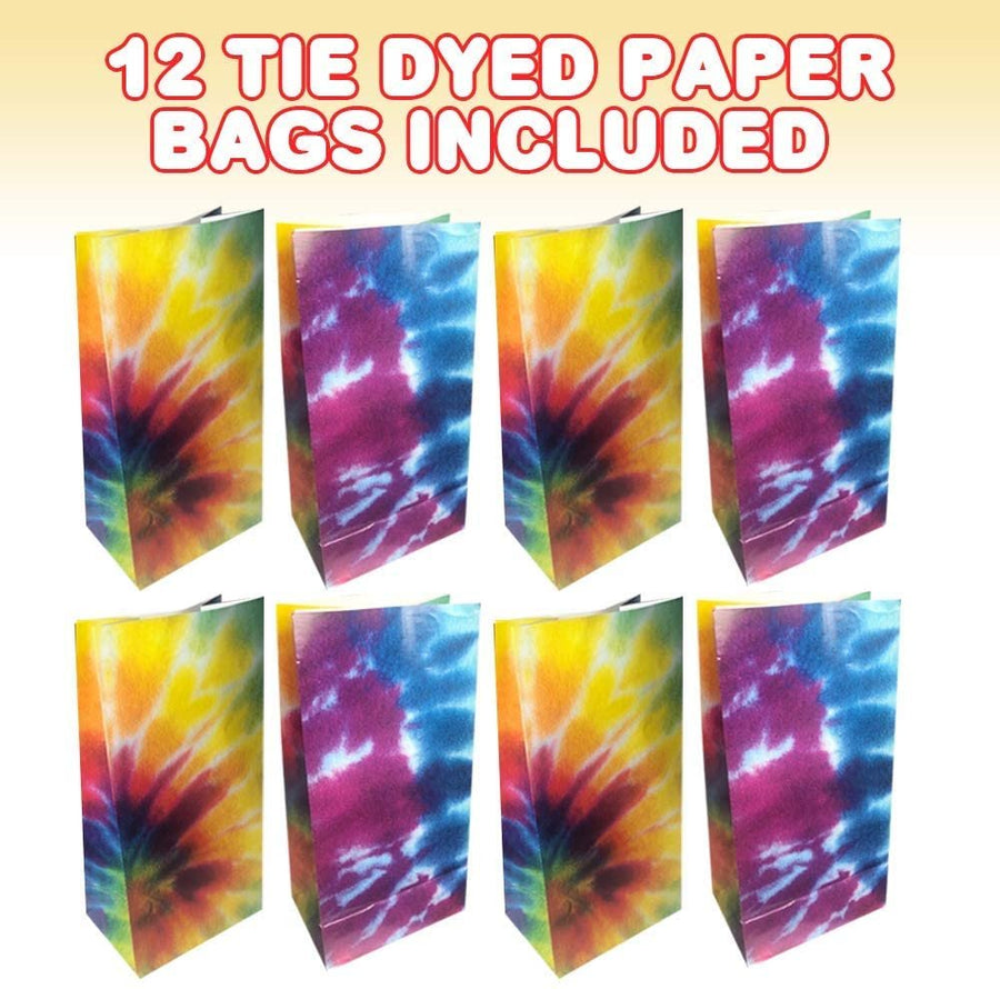 Tie Dye Paper Party Favor Bags, Pack of 12, Fun Themed Goodie Gift Bags, Durable Treat Bags, Retro Party Supplies and Favors for Birthday, Baby Shower, Holiday Goodies