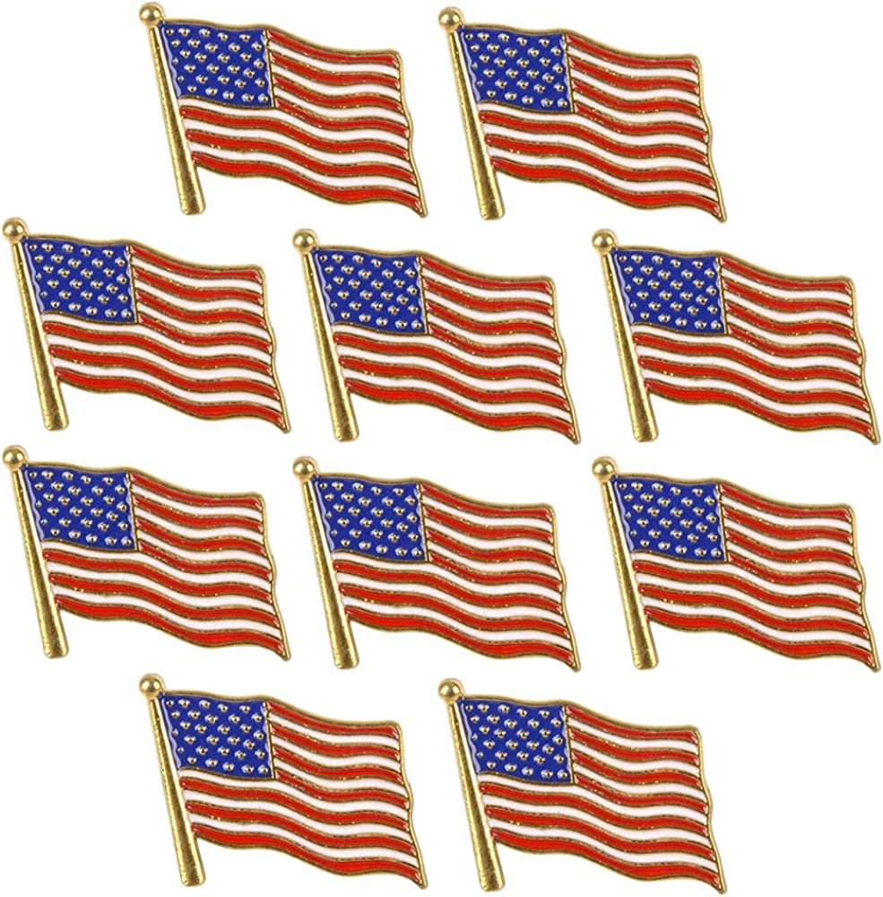 American Flag Lapel Pins, Set of 10, USA Flag Pins for Independence, Memorial, and Veterans Day, United States Patriotic Fashion Accessories for Kids, Adults, 4th of July Party Favors