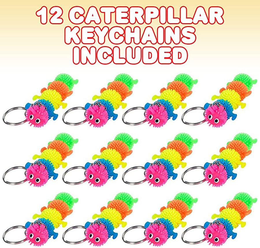 Rubber Puffer Caterpillar Keychains for Kids, Set of 12, Key Chains with Caterpillar Fidget Toy, Stress Relief Toys for Kids & Adults, Keyholder Birthday Party Favors, Goodie Bag Fillers