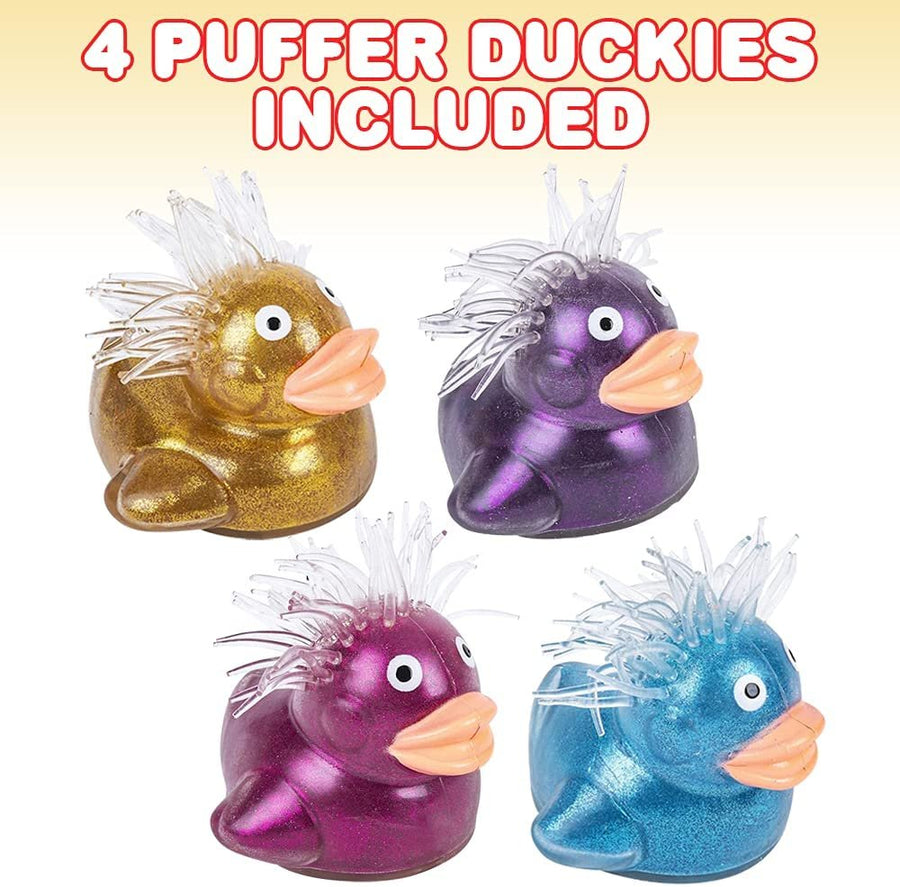Puffer Duckies, Set of 4, Fidget Toys for Kids with Soft Rubbery Spikes, Stress Relief Toys in Assorted Glittery Colors, Party Favors, Goodie Bag Fillers for Boys and Girls