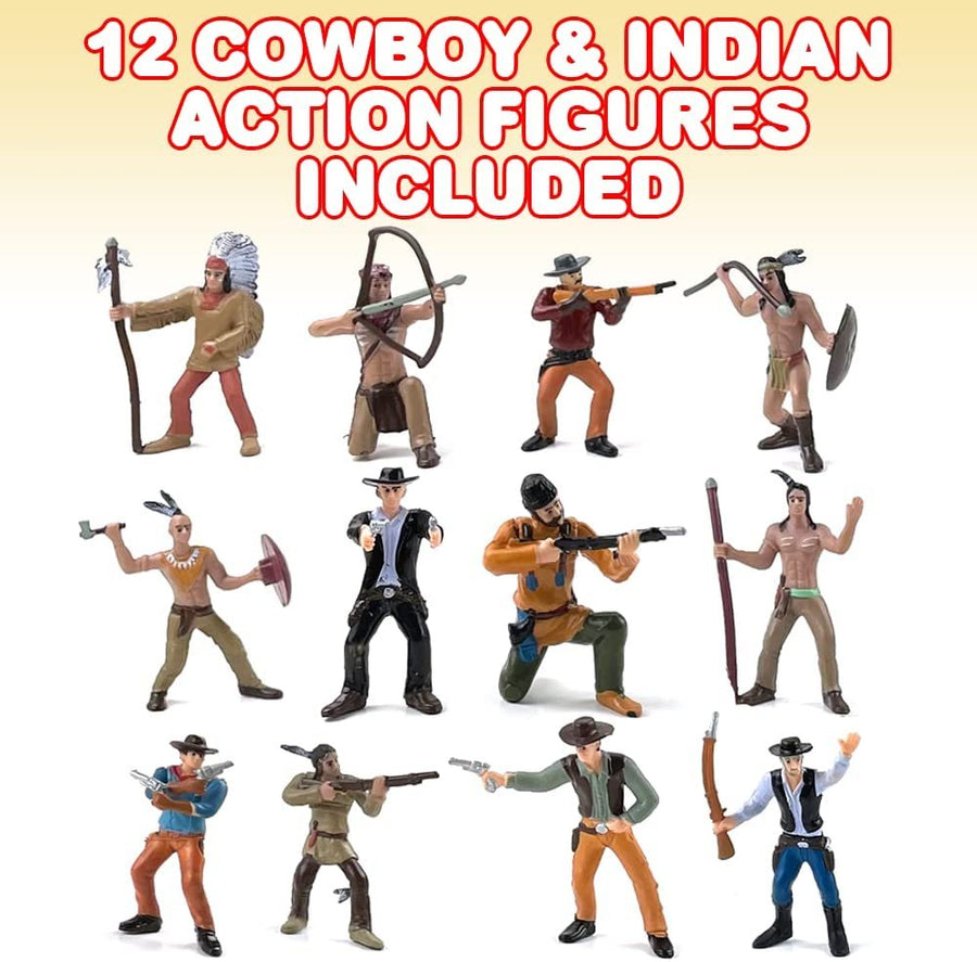 Cowboy and Indian Action Figures, Set of 12, Free-Standing Cowboys and Indians Toys with Realistic Details, Western Party Decorations and Cake Toppers, Western Party Favors for Kids