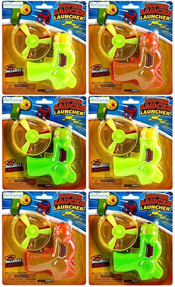 ArtCreativity Super Saucer Disc Launcher Toys, Set of 6, Disk Shooter Sets with 1 Flying Saucer Gun and 3 Spinning Disks Each, Super Fun Outdoor Flying Toys for Kids, Great Birthday Party Favors