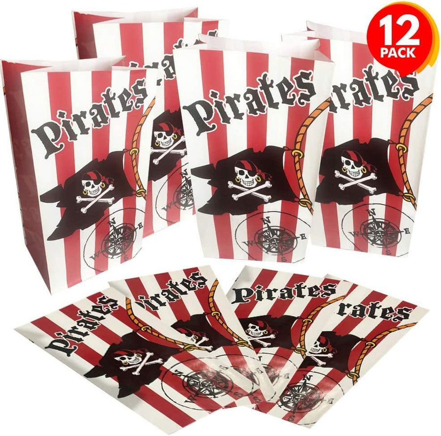 Pirate Party Favor Bags, Pack of 12, Pirate Themed Goodie Gift Paper Bags, Durable Treat Bags, Pirate Party Supplies and Favors for Birthday, Baby Shower, Holiday Goodies