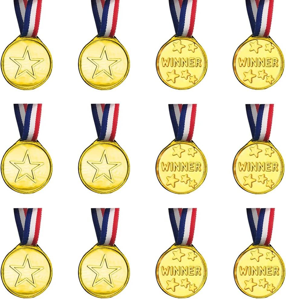 Gold Prize Medal for Kids, Set of 12 Medals on Ribbon Necklaces, Olympic Style Metal Winner Awards for Sports, Talent Show, and Spelling Bee, Gymnastic Birthday Party Favors