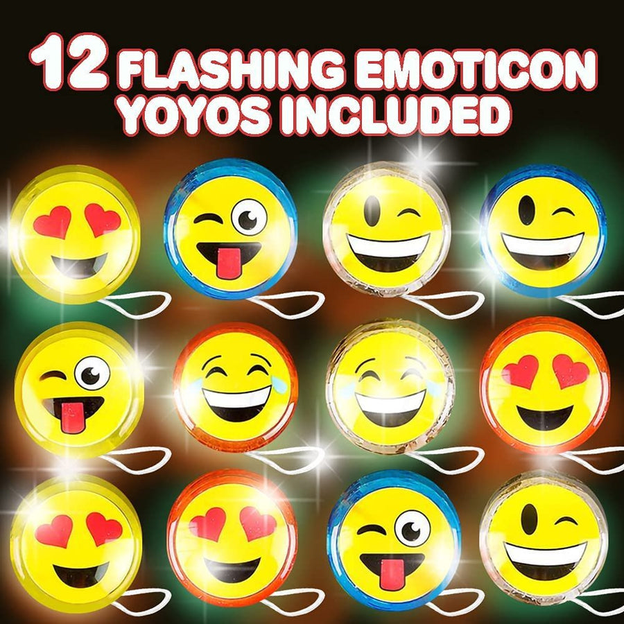 Light Up Emoticon Yoyos for Kids, Set of 12, Classic Plastic YoYo Toys with Flashing LEDs, Light-Up Birthday Party Favors, Goodie Bag Fillers, Holiday Stocking Stuffers, Classroom Prizes