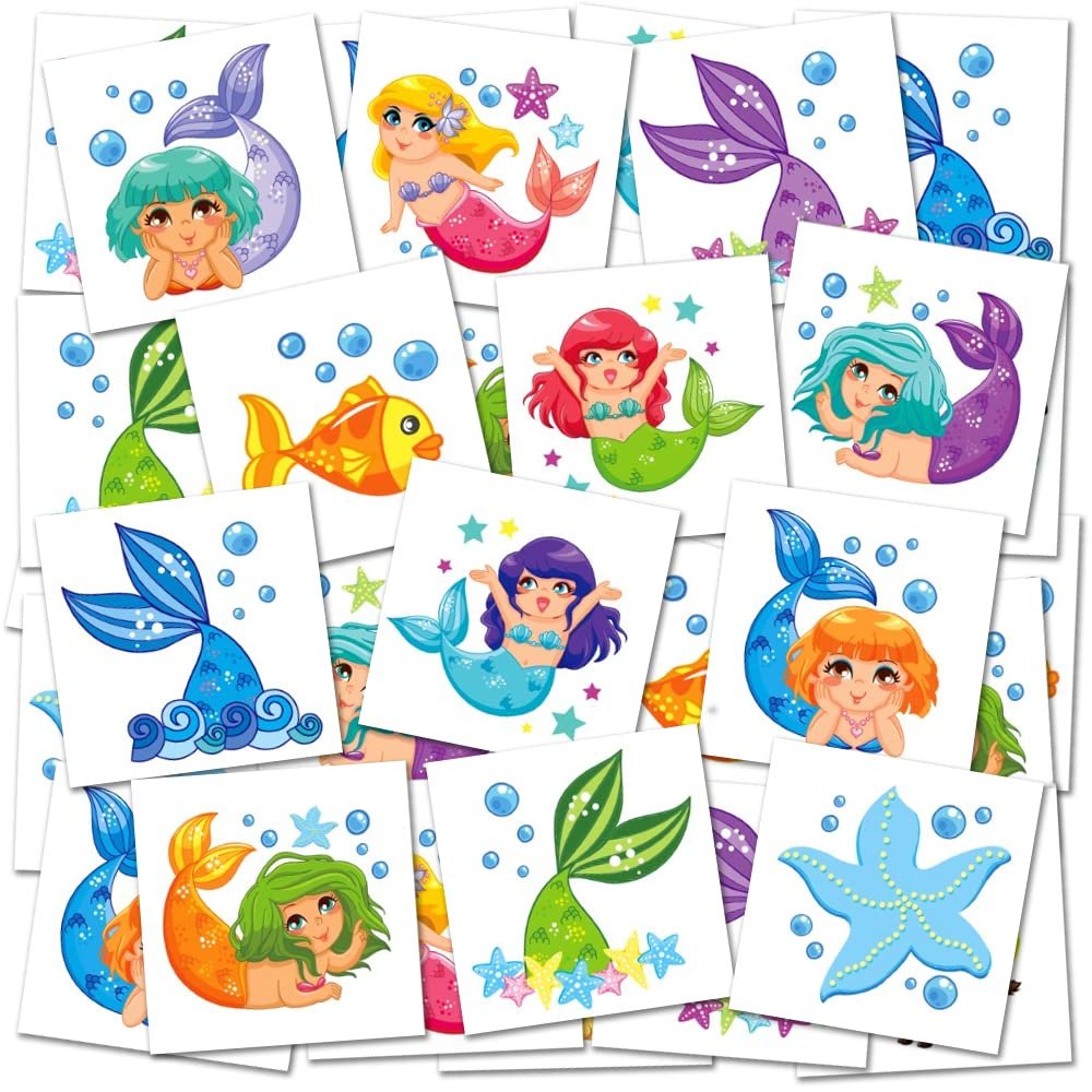 Mermaid Temporary Tattoos for Kids - Bulk Pack of 144 Tattoos in Assorted Mermaid Designs, Non-Toxic 2" Tats, Birthday Party Favors, Goodie Bag Fillers, Non-Candy Halloween Treats