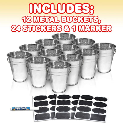 ArtCreativity Large Galvanized Metal Buckets Set, Includes 12 Rustic Pails with Handles, 24 Chalkboard Labels and 1 Liquid Chalk Marker, 5 Inch Galvanized Buckets for Party Favors, Wedding Decorations