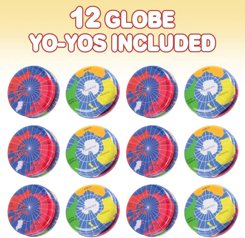 Metal Globe Yoyos for Kids, Pack of 12, Colorful Earth-Themed Yo-Yo Toys, Birthday Party Favors, Goodie Bag Fillers, Holiday Stocking Stuffers, Classroom Prizes