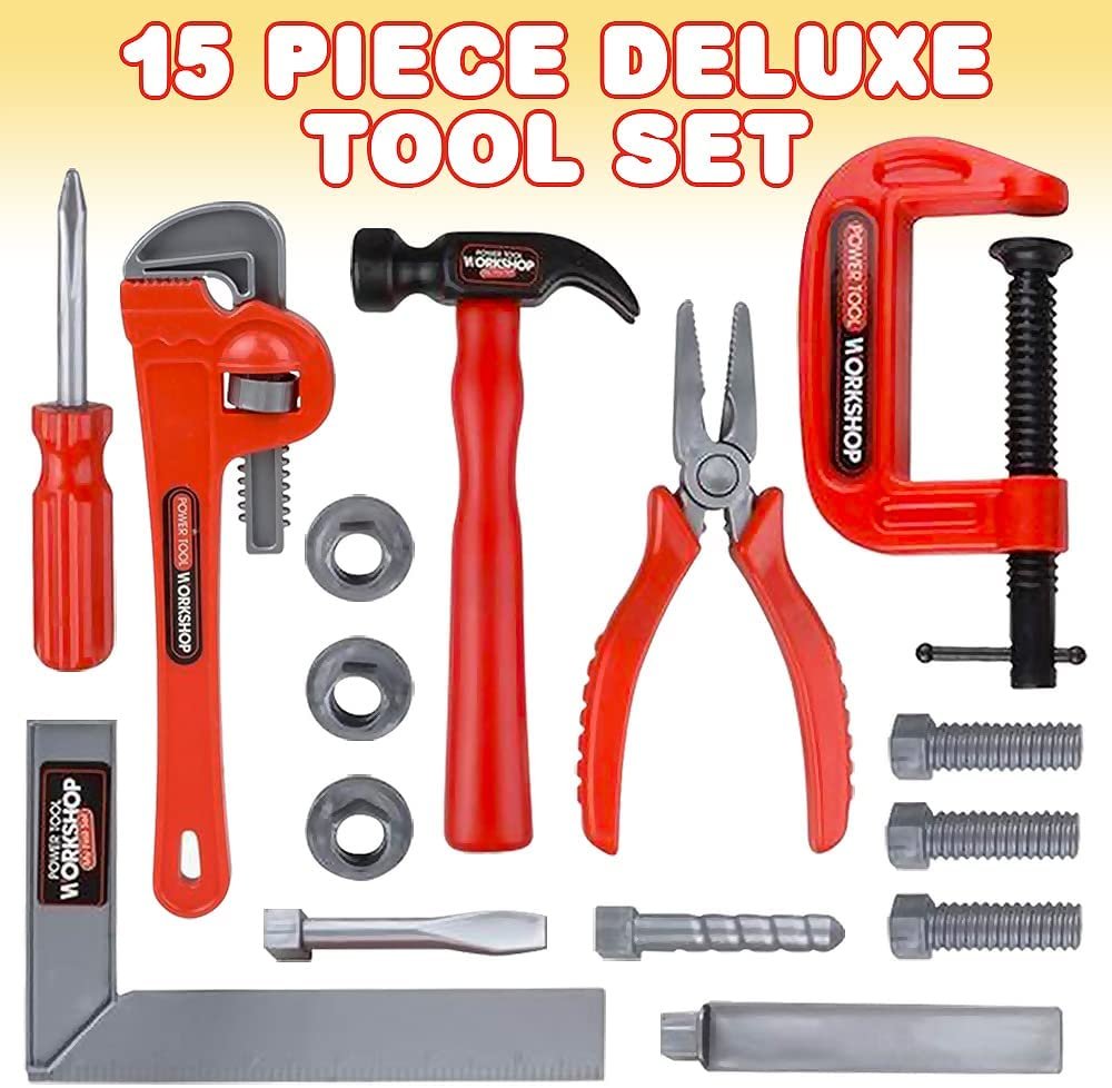 Deluxe Handyman Toy Tool Set for Kids, 15 Piece Kids’ Tool Set, Tool Kit for Kids with Realistic Looking Toy Hammer, Screwdriver, Pliers, Wrench, Bolts, and More, for Ages 3 and Up