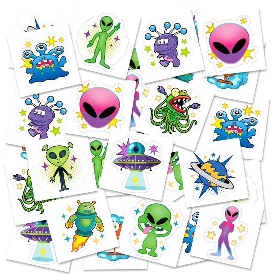 Alien Temporary Tattoos for Kids, Pack of 144, Funny Extraterrestrial Tattoos, Outer Space Birthday Party Favors, Goodie Bag Fillers, Non-Candy Halloween Treats, 12 Assorted Designs