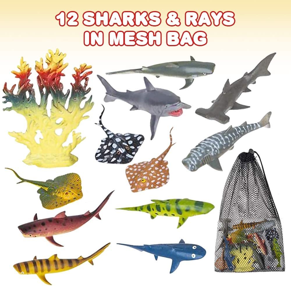 Sharks & Rays in Mesh Bag, Pack of 12 Sea Creature Figurines in Assorted Designs, Bath Water Toys for Kids, Ocean Life Party Décor, Party Favors for Boys and Girls