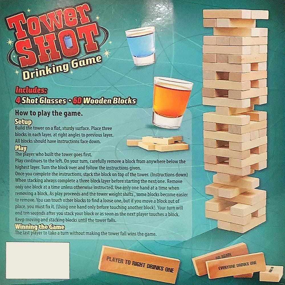 ArtCreativity Tumbling Tower Drinking Game, Drinking Game with 4 Glasses  and 60 Wooden Blocks with Challenges, Fun House Party Games for Game Night