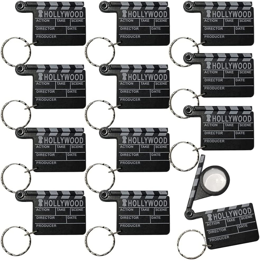 Hollywood Clapboard Keychains, Set of 12, Lift Clapper to Reveal Magnifying Glass, Accessories for Keys, Backpack, or Pocket Book, Birthday Party Favors, Carnival Party Favors for Kids