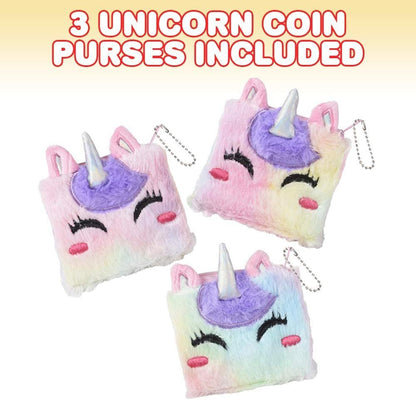 ArtCreativity Plush Unicorn Coin Purses, Set of 3, Soft Fluffy Coin Bags with Zippers, Cute Unicorn Gifts for Girls, Rainbow Goodie Bag Fillers Unicorn Birthday Party Favors for Kids