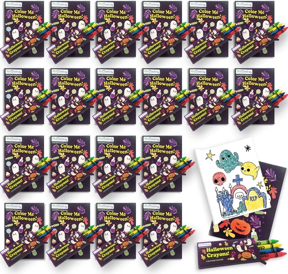 Bulk 24 Pack Halloween Mini Coloring Book Kit, Each Set Includes 1 Small Coloring Booklet & 4 Crayons, Great Halloween Party Favors, Halloween Gifts for Kids & Non-Candy Halloween Treats