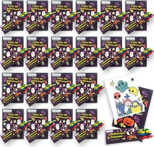 ArtCreativity Bulk 24 Pack Halloween Mini Coloring Book Kit, Each Set Includes 1 Small Coloring Booklet & 4 Crayons, Great Halloween Party Favors, Halloween Gifts for Kids & Non-Candy Halloween Treats