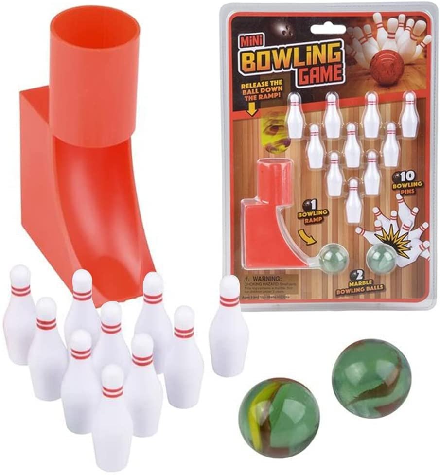 Gamie Mini Bowling Set for Kids, Desktop Bowling Game with Pins, Ramp, and Marble Bowling Balls, Unique Office Desk Toys and Travel Games for Kids and Adults, Great Bowling Gift Idea