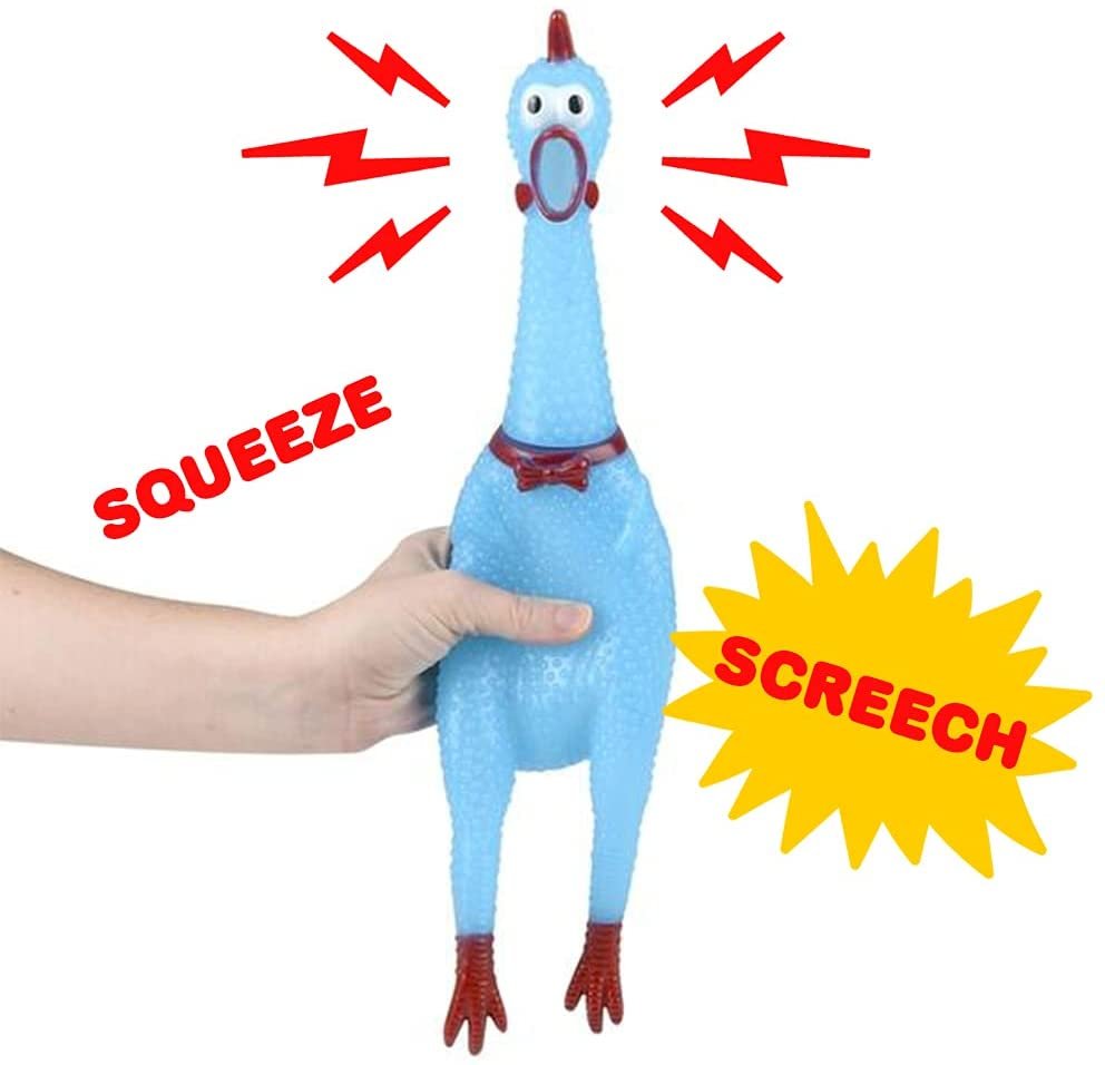 Screeching Chicken Toys, Set of 4, Practical Joke Rubber Chicken, Hilarious Squeeze Toys in Assorted Colors, Classic Gag Gifts for Kids and Adults, Noisemakers for Parties