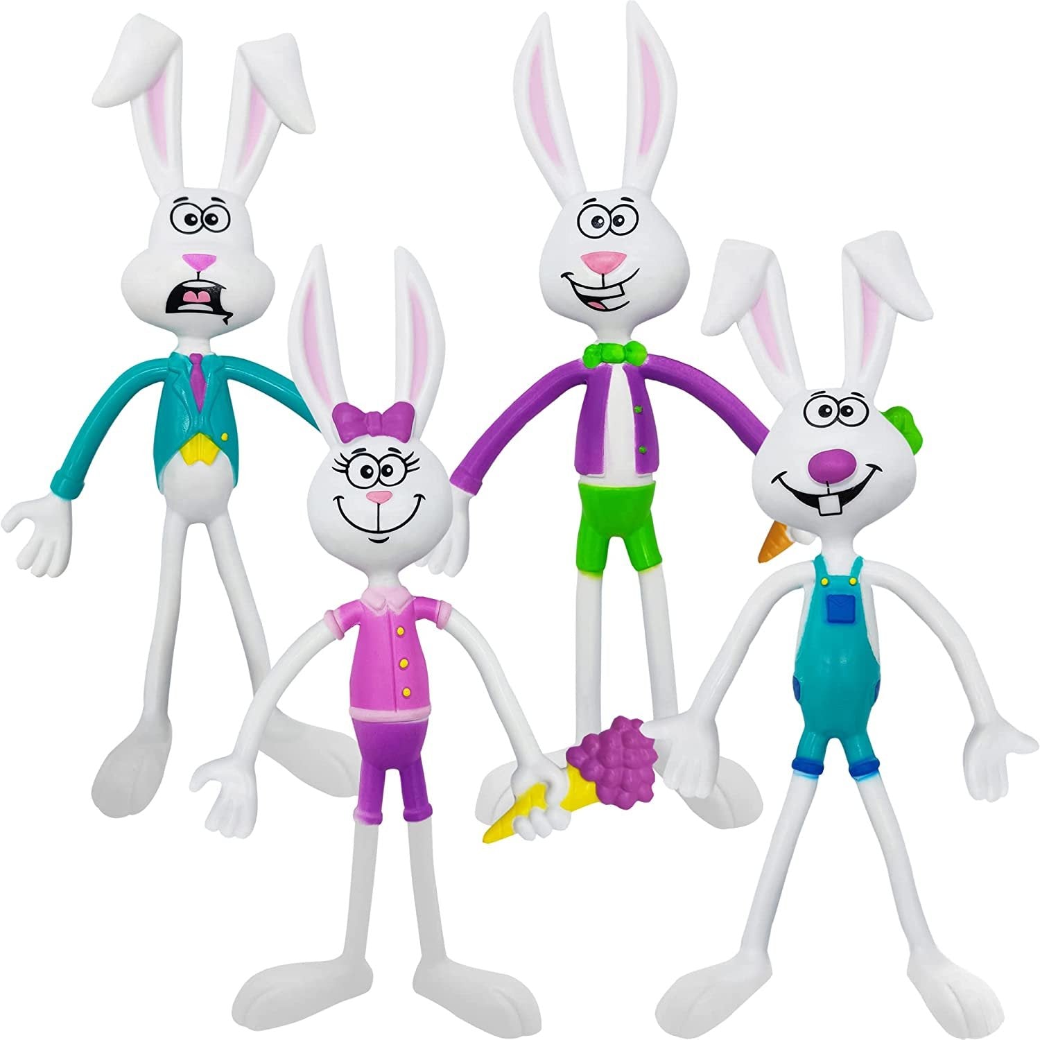 Easter Bunny Bendable Figurines, Set of 8, Fidget Easter Toys with 4 Colorful Designs, Great as Easter Egg Fillers, Egg Hunt Supplies, Easter Basket Toys, and Stress Relief Fidgets