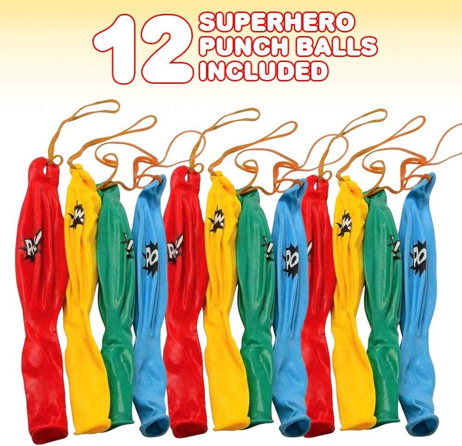 Superhero Punch Balls, Set of 12, Durable Latex Balloons with Rubber Bands, Superhero Party Supplies, Party Favors & Decorations, Goodie Bag Fillers for Kids in Assorted Fun Colors