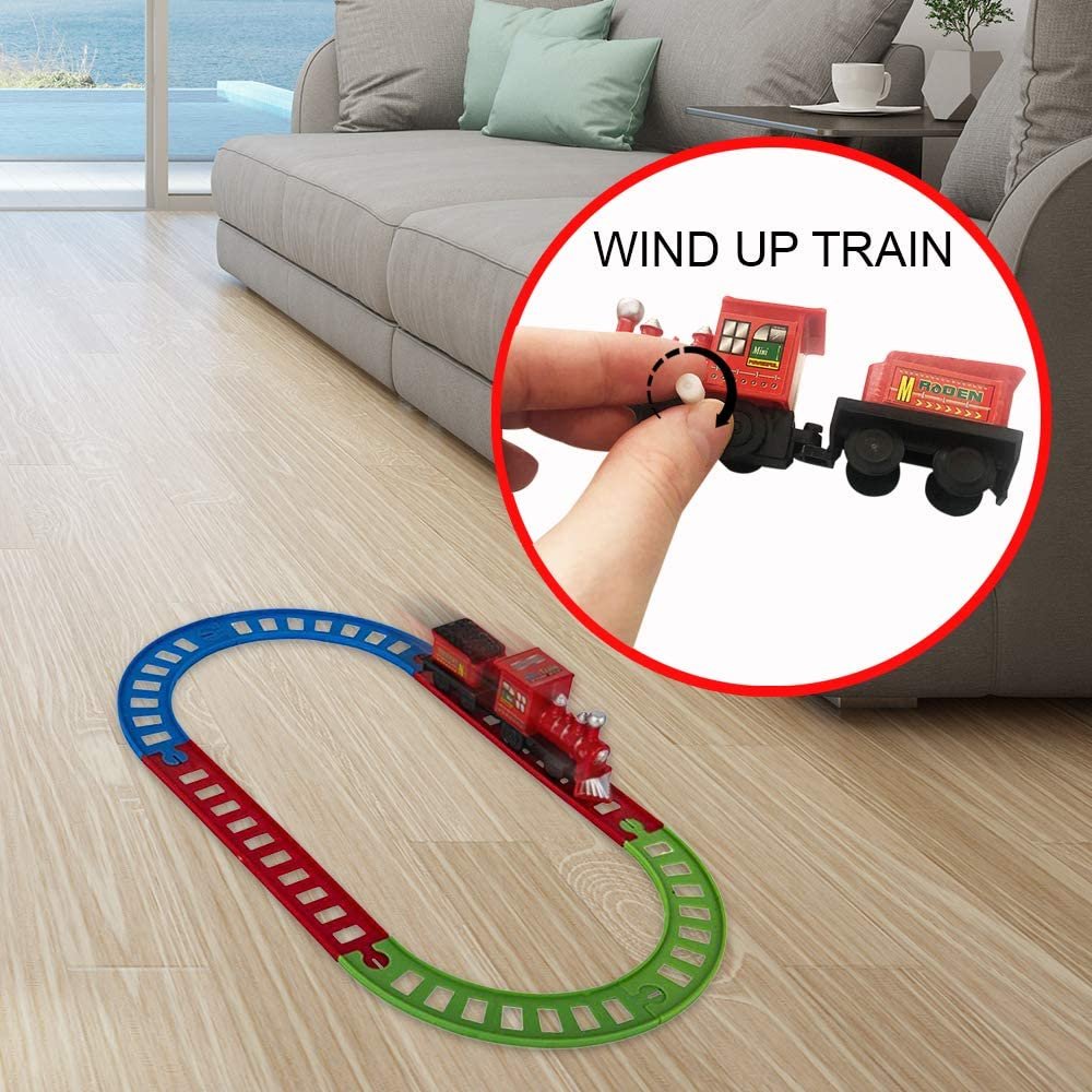 8-Piece Wind-Up Train Set for Kids, Toy Train Set with 2 Cars and 6 Tracks Each, Durable Plastic, Cute Christmas Holiday Train for Under The Tree, Great Gift Idea for Boys and Girls