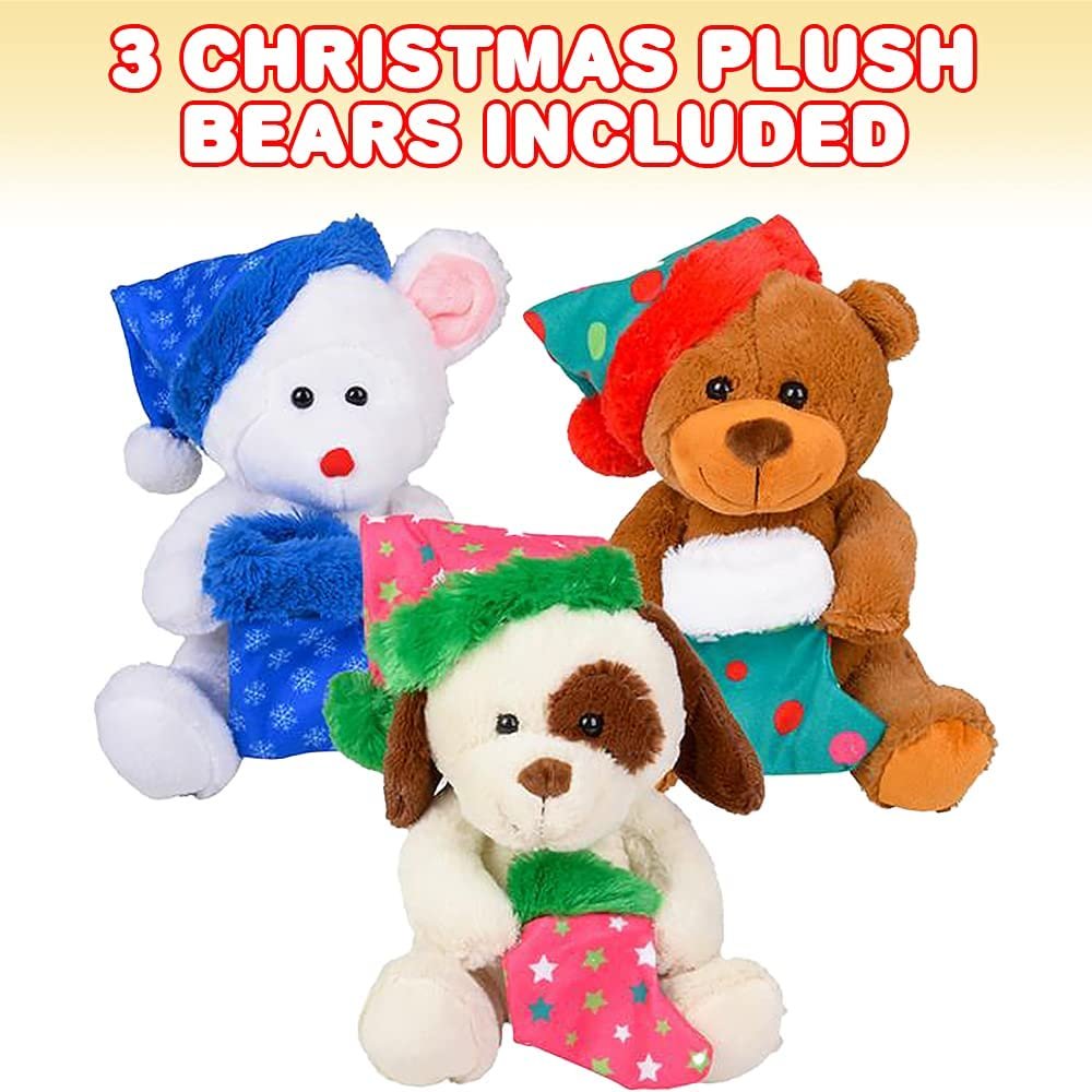 Christmas Plush Bear Assortment, Set of 3, Stuffed Holiday Bears in Assorted Designs, Christmas Tree Decorations & Party Favors for Kids & Adults, Christmas Accessories for Festive Decor