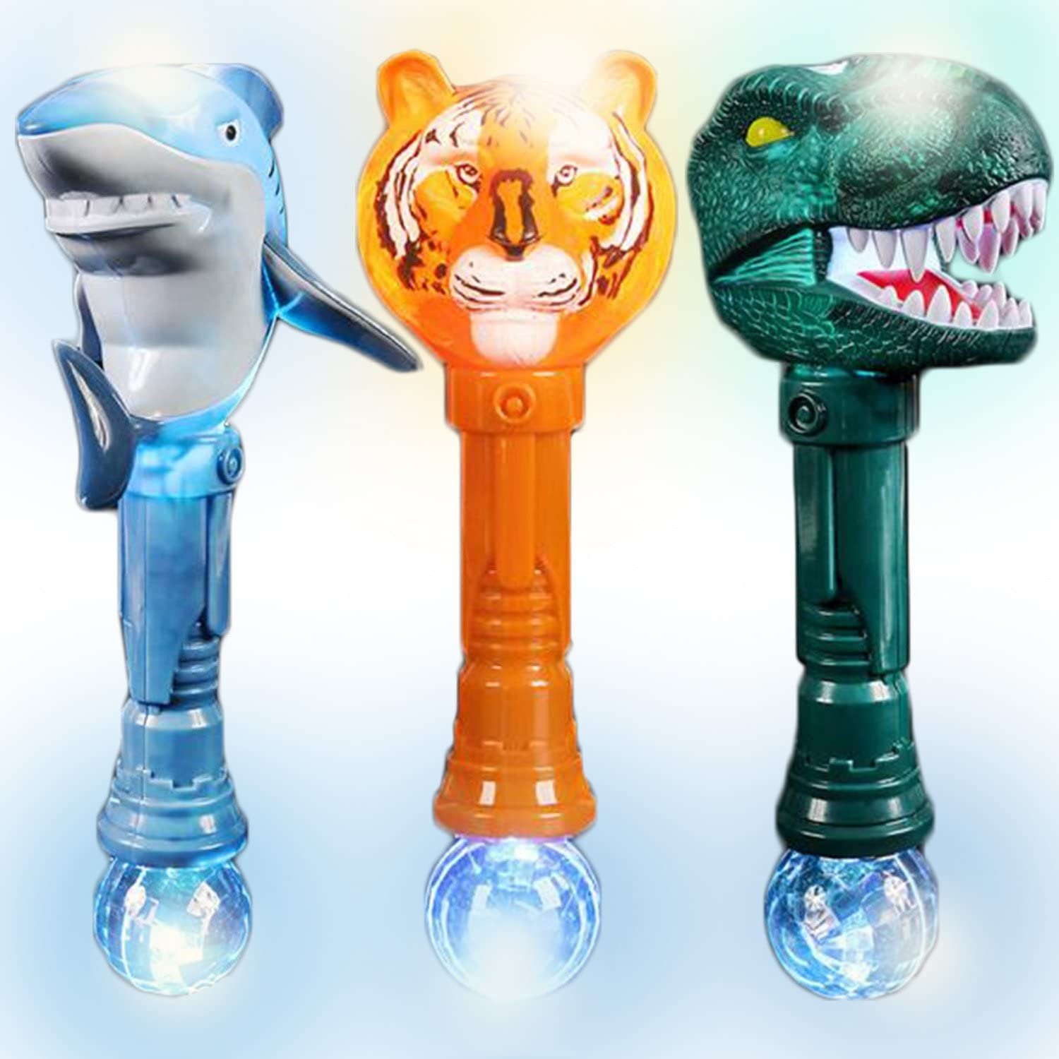 Ultra Fun Light Up Wand Set of 3 Includes T-Rex, Tiger, and Shark Wands - Beautiful Art Detailing Plastic - LED Party Favors, Gift for Kids - Batteries Included