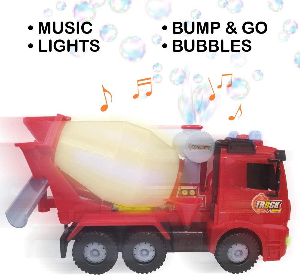Bubble Blowing Cement Truck Toy with LED and Sound Effects - 12" Light Up Bump n Go Toy Car for Boys and Girls - Bubble Solution Included - Great Birthday Gift for Kids