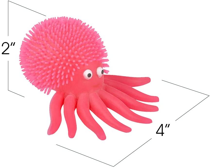 Puffer Octopus, Set of 6, Fidget Toys for Kids with Soft Rubbery Spikes, Stress Relief Toys in Assorted Colors, Party Favors, Goodie Bag Fillers for Boys and Girls