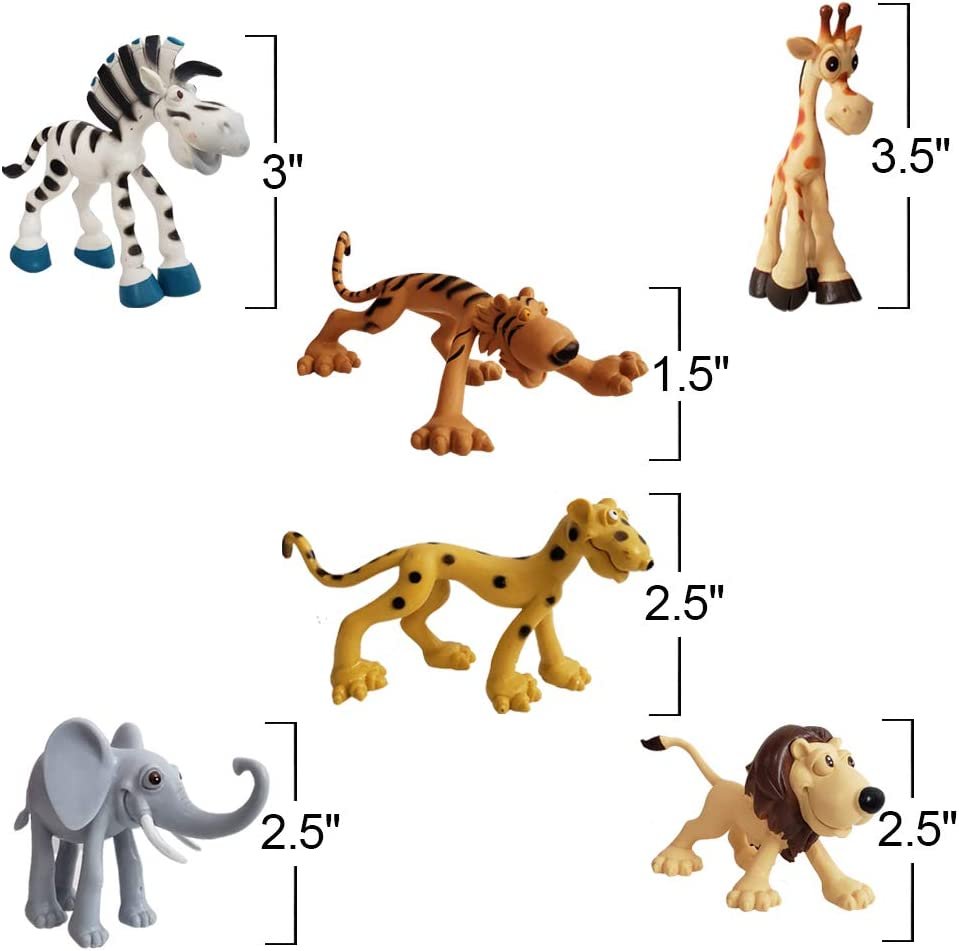 Cartoon Animals Figurines for Kids - Set of 6 - Cute Cartoonish Design - Durable Plastic Play Set - Cool Storage Box - Great Gift Idea, Safari and Jungle Favors for Boys and Girls
