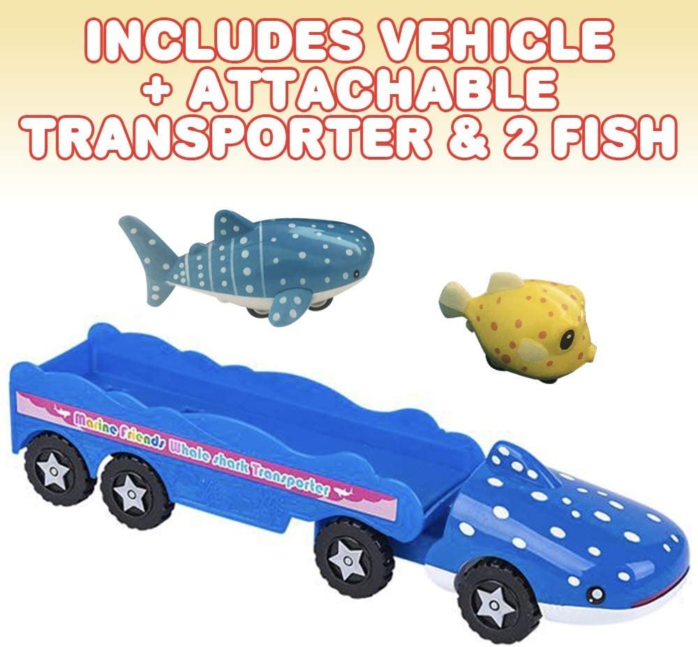 Friction Whale Shark Car Carrier with Detachable Transporter and Fish Cars, Aquatic-Themed Toy Cars for Kids, Push n Go Truck Toy, Great Birthday Gift for Boys and Girls