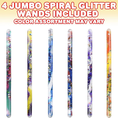 ArtCreativity Jumbo Spiral Glitter Wands, Set of 4, Toy Wands for Kids with Mesmerizing Confetti, Calming Sensory Toys for Children, Kids’ Fidget Toys in Assorted Designs, Princess Party Favors