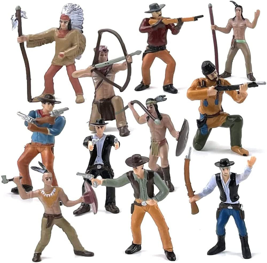 Cowboy and Indian Action Figures, Set of 12, Free-Standing Cowboys and Indians Toys with Realistic Details, Western Party Decorations and Cake Toppers, Western Party Favors for Kids