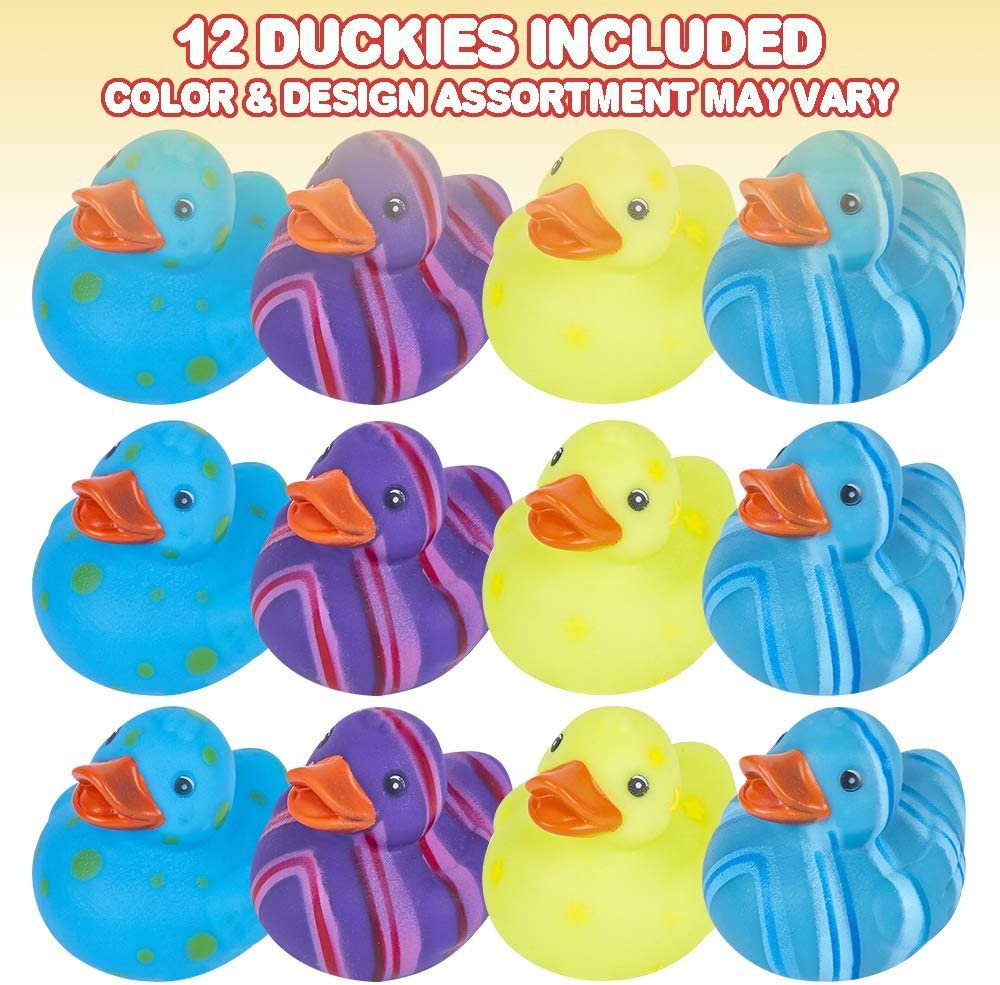 Multicolored Pattern Rubber Duckies for Kids, Pack of 12 Cute Duck Bath Tub Pool Toys, Fun Carnival Supplies, Birthday Party Favors for Boys and Girls