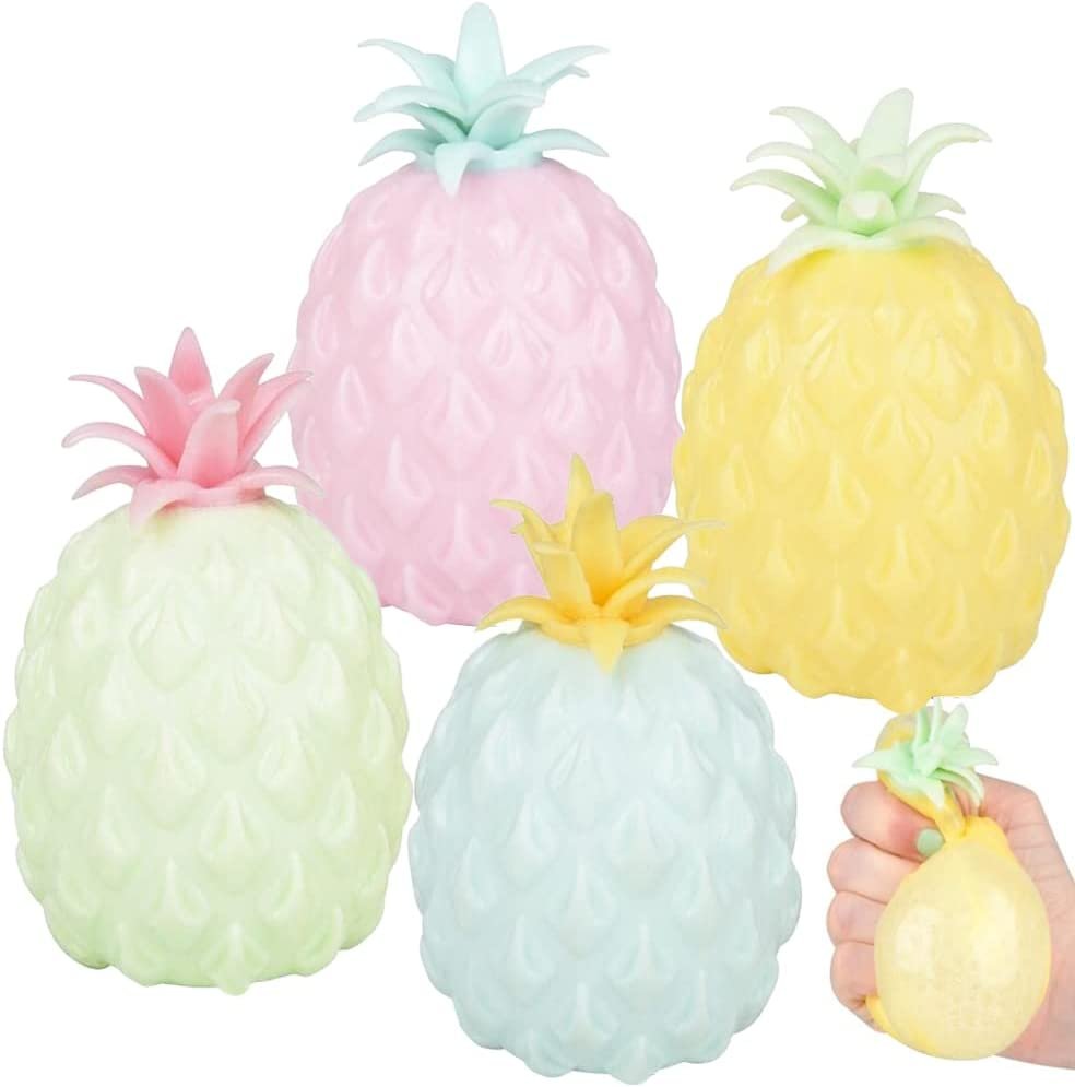 Squeezy Pineapple Toys Filled with Water Beads, Set of 4, Cute Stress Relief Sensory Toys for Boys and Girls, Fun Birthday Party Favors and Goodie Bag Fillers for Kids