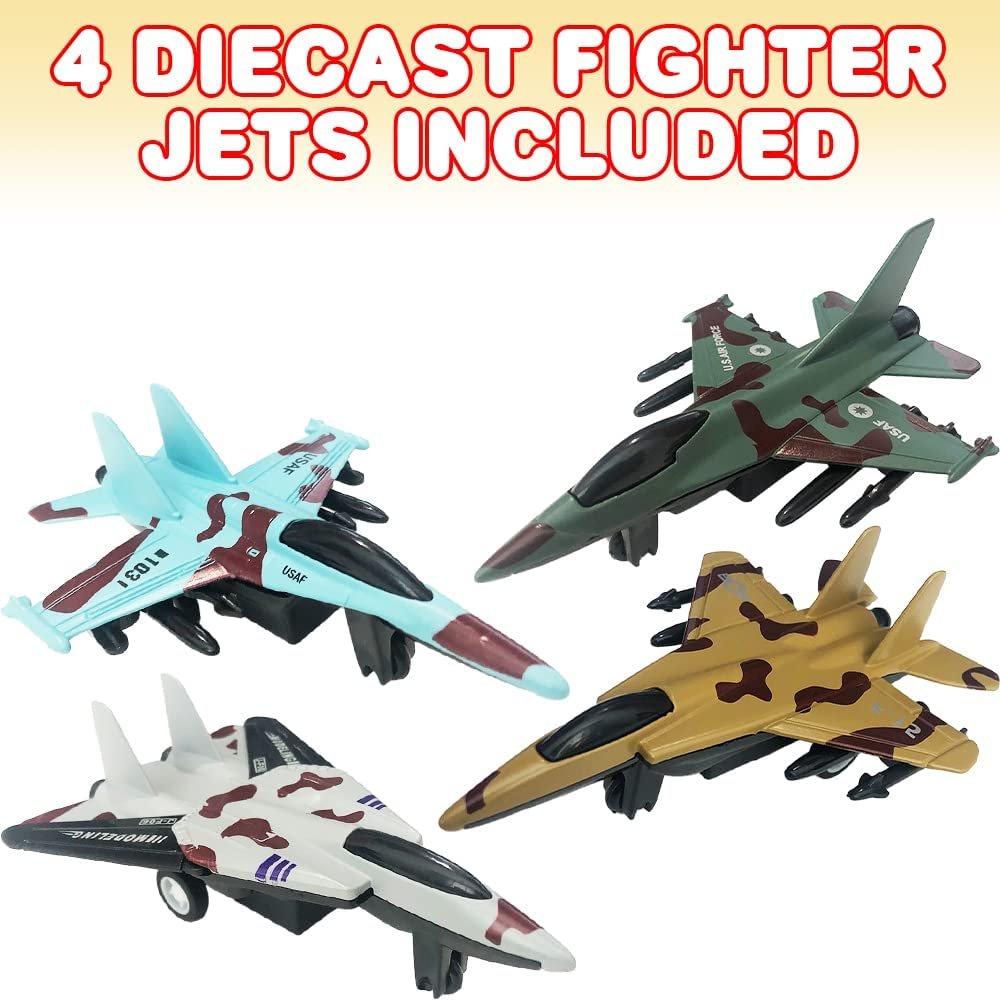 Diecast Fighter Jets, Pullback Mechanism, Set of 4, Diecast Metal Jet Plane Fighter Toys for Boys, Air Force Military Cake Decorations, Pull Back Airplane Party Favor, 4 Colors