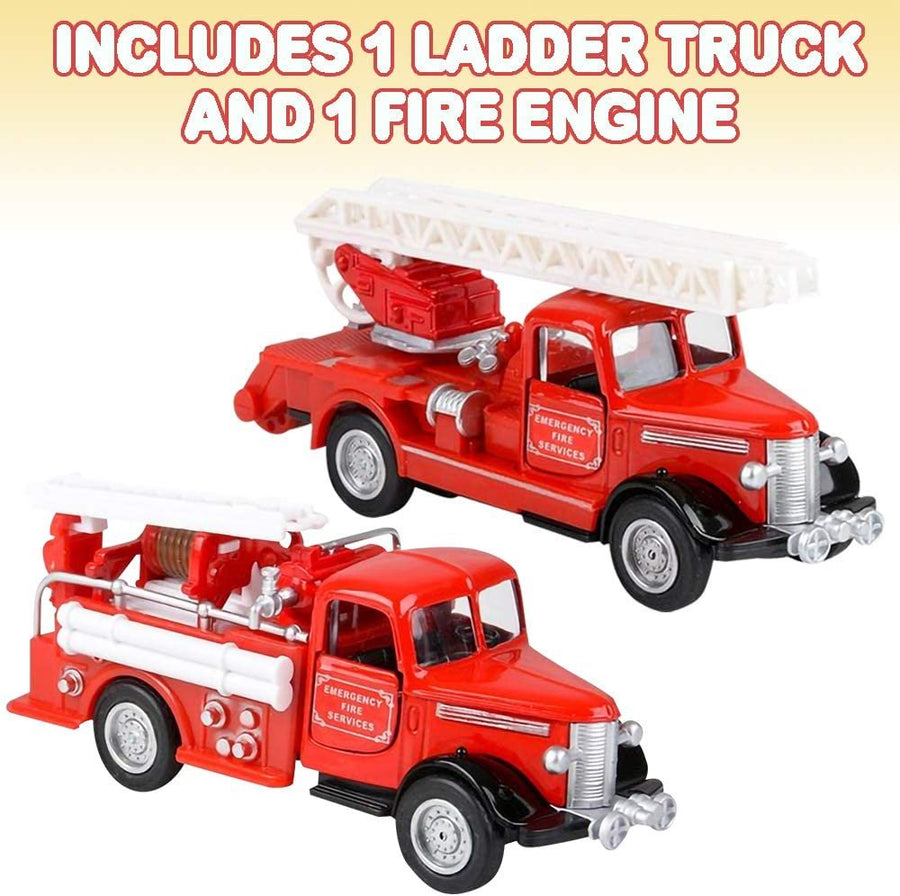 ArtCreativity-Diecast-Classic Fire Trucks, Set of 2, Includes Ladder Truck and Fire Engine-Diecast-Fire Truck-Playset-with Pullback Mechanism, Great Gift Idea for Boys and Girls