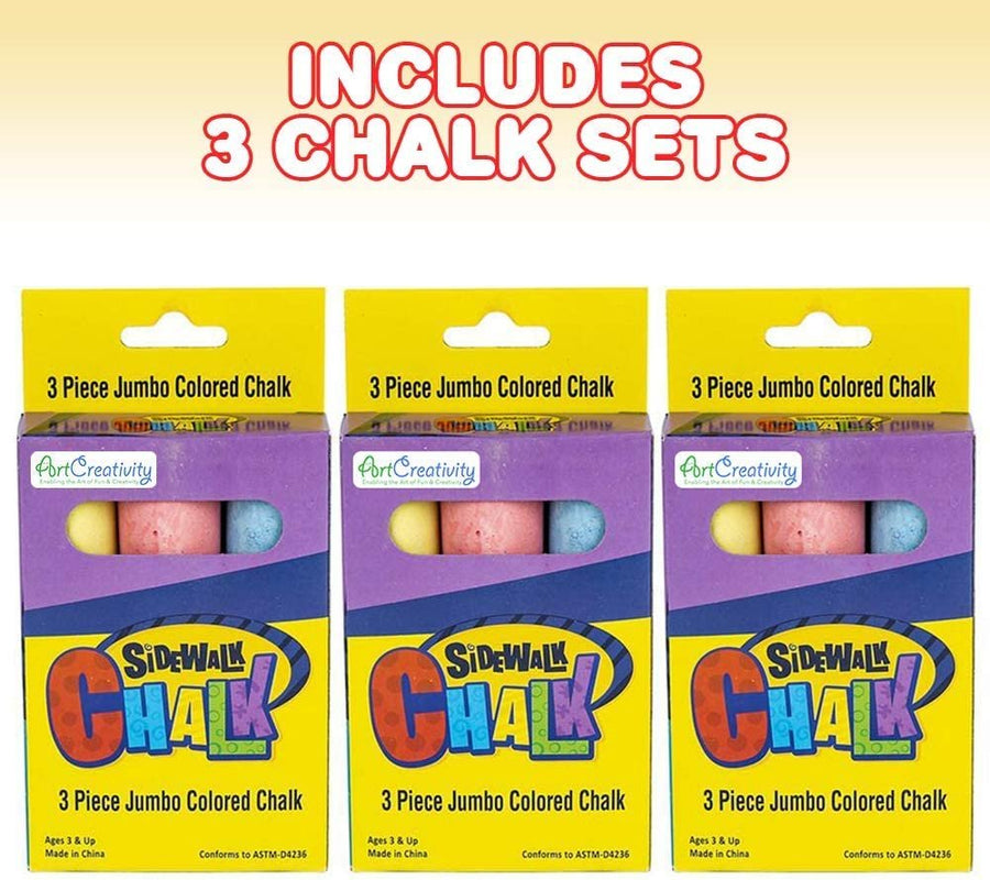 Jumbo Chalk Set for Kids, 3 Boxes, Each Box with 3 Chalk Sticks, Non-Toxic, Dust Free and Washable - for Driveway, Pavement, Outdoors - Great Arts & Crafts Gift, Birthday Party Favors