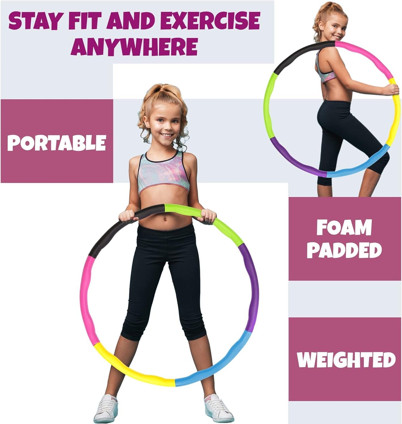 Weighted Hula Hoop for Kids - 2lb Weighted Hoola Hoop Toy for Exercise, 6 Section Detachable Hoola Hoops, Soft Padded & Portable, Kids’ Exercise Equipment & Outdoor Toy for Fun Workouts