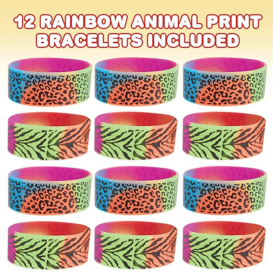 Rainbow Animal Print Rubber Bracelets, Set of 12, Colorful Stretchy Rubber Wristbands for Boys and Girls, Fun Birthday Party Favors for Children, Goodie Bag Fillers, Carnival Prize