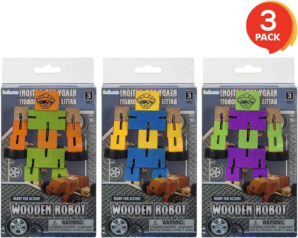 Arbotoy Wooden Toy Robots - 3 Pack - Adorable Action Figures, Toy Cars in Asso ...
