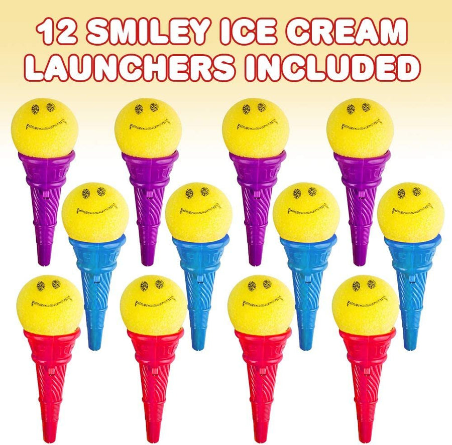 Smile Face Ice Cream Launcher - Pack of 12-4.75" Classic Icecream Cone Foam Ball Launchers, Birthday Party Favors for Kids, Goody Bag Fillers, Carnival Prize