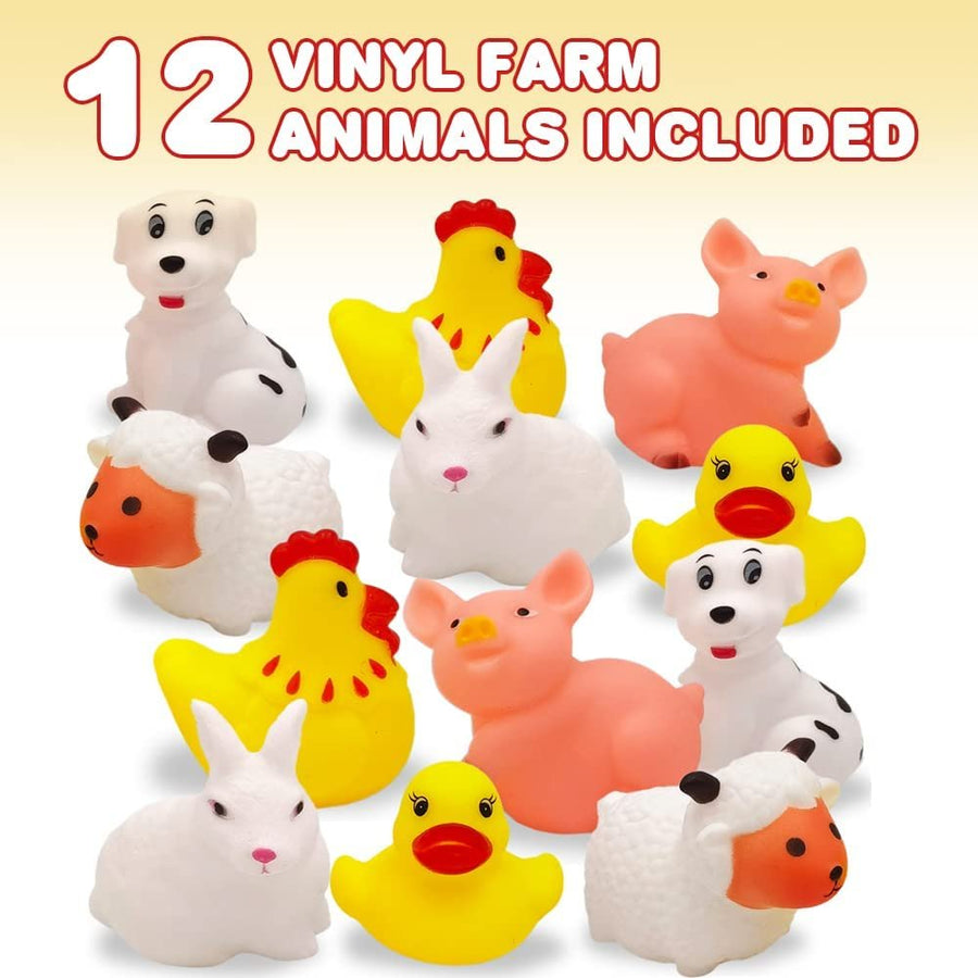 Vinyl Farm Animals, Pack of 12 Assorted Squeezable Toys, Farm Birthday Party Favors for Kids, Fun Bath Tub and Pool Toys for Children, Educational Learning Aids for Boys and Girls