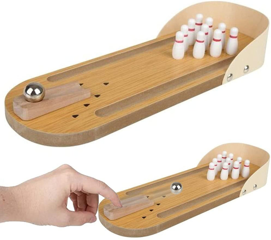 Gamie Wooden Desktop Bowling Game, Mini Desktop Bowling Set with Launch Ramp, Ball, and 10 Pins, Wooden Desk Toy for Adults and Kids, Office Desk Decorations and Gifts for Boys and Girls