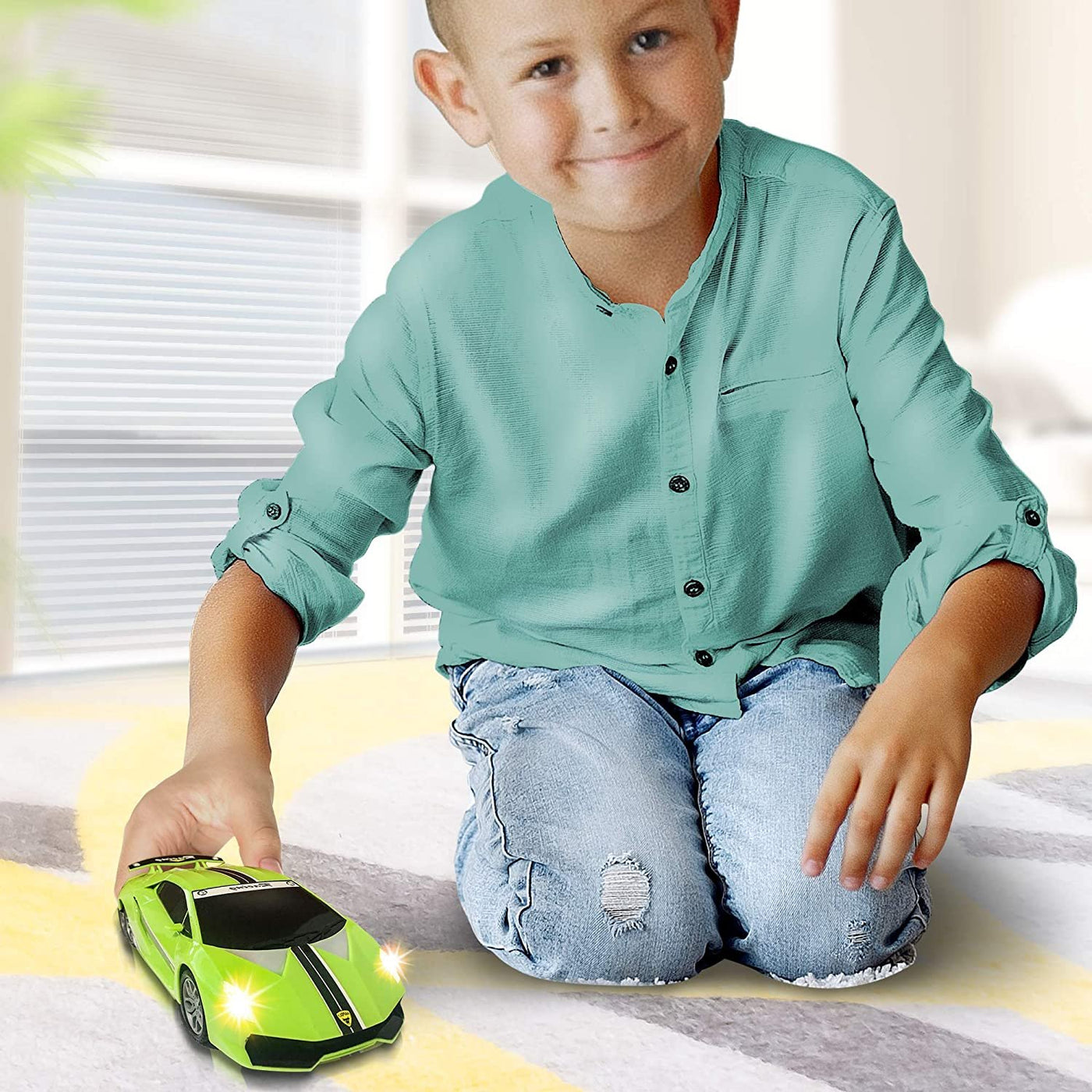 Green Racer Car with Lights and Sounds, Light-Up Push n Go Racer Car for Kids, LED Headlights and Engine Sound, Best Birthday Gift for Boys, Girls, Toddlers Ages 3+