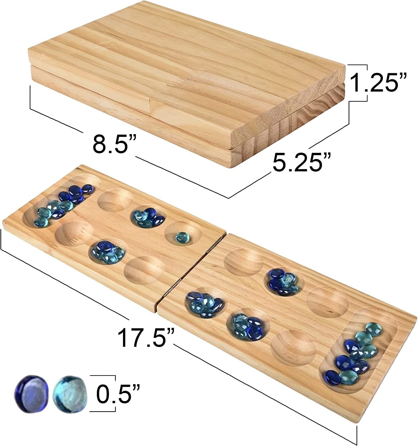 Gamie Wooden Mancala Board Game Set - Foldable Mancala with 48 Color Stones - Classic 2 Player Games for Adults and Kids with Instructions - Travel Board Games for Road Trips or Long Flights