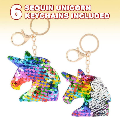 ArtCreativity Unicorn Keychains, Pack of 6, Color Changing Double-Sided Stuffed Animal Plush Key Chain Charms for Backpacks, Purses, Luggage, Unicorn Birthday Party Favors for Kids