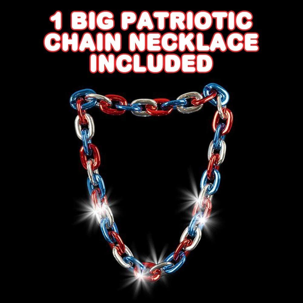 ArtCreativity Light-Up Chunky Chain Patriotic Necklace, Big 38 Inch Chain, 4th of July Accessories for Women, Men, and Kids, Red, White, and Blue Decorations for Memorial and Independence Day