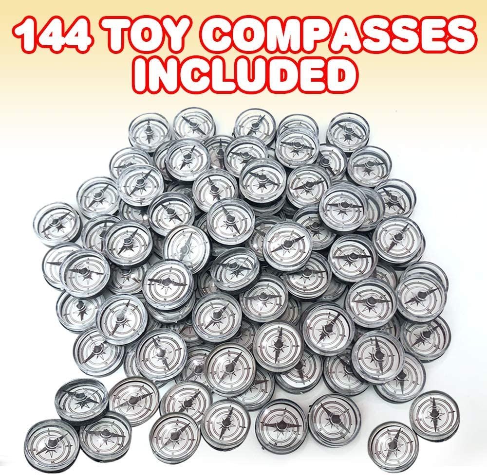 Toy Compass Set for Kids, Pack of 144, Mini Black and White Compasses for Children, Pirate and Camping Birthday Party Supplies, Favors and Decorations, Explorer Toys for Pretend Play